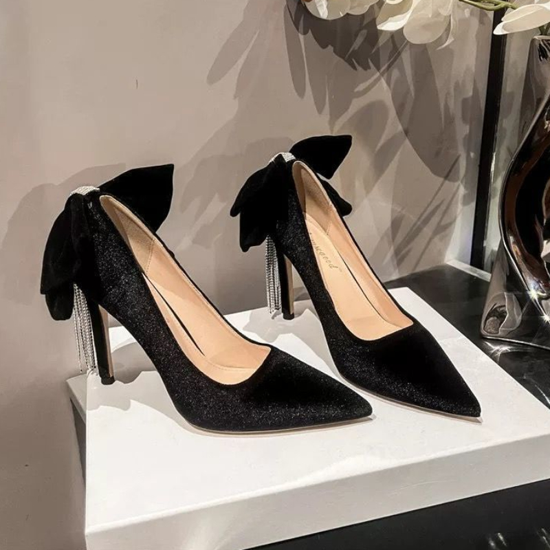 Women Shoes Quick Delivery - أسود مع القوس خنجر امرأة مضخات