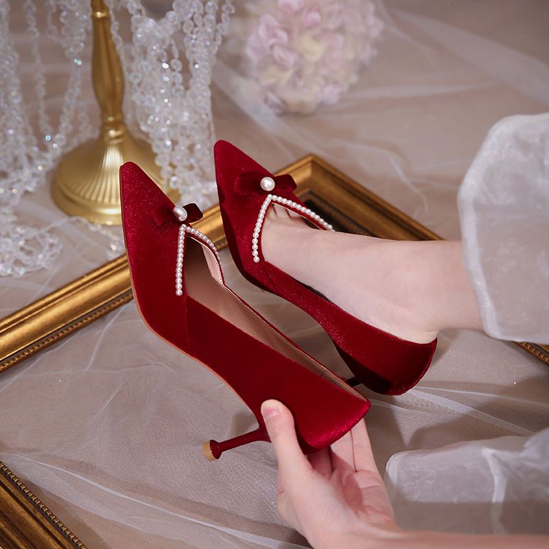 Women Shoes Quick Delivery - أحمر عالية الكعب لؤلؤة السيدات مضخات