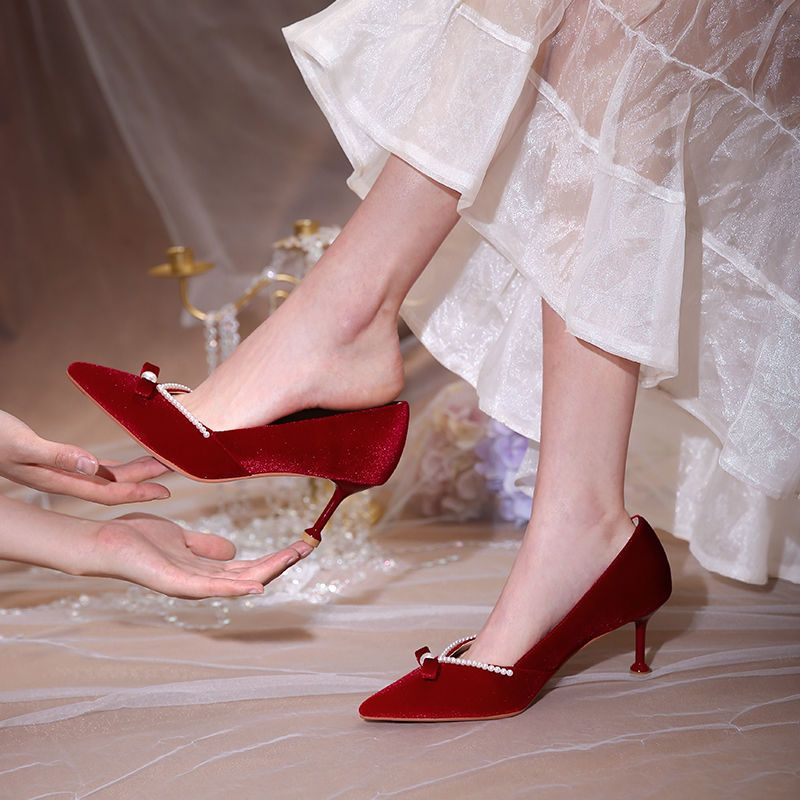 أحمر عالية الكعب لؤلؤة السيدات - مراجعة Women Shoes Quick Delivery وسعره